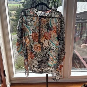 Johnny Was Black Cream Orange Turquoise Patterned silk tunic- needs TLC
